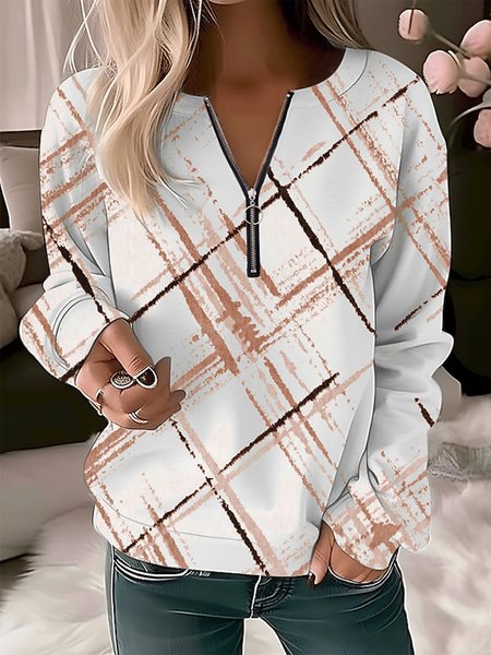 

Zipper Casual Crew Neck Loose Sweatshirt, White, Sweatshirts & Hoodies