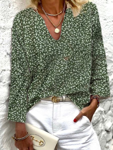 

Casual Floral Loose V Neck Shirt, Green, Shirts & Blouses