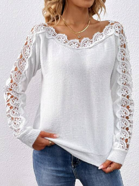 

Crew Neck Loose Lace Casual Sweater, White, Sweaters