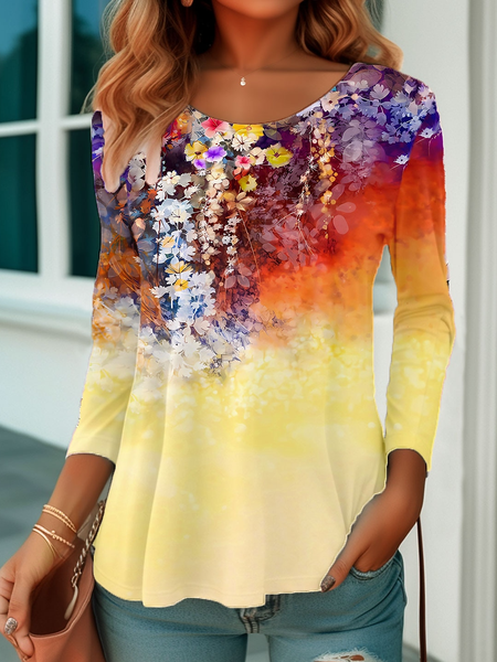 

Crew Neck Casual Loose Floral T-Shirt, Yellow, T-Shirts