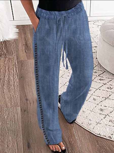 

Plain Loose Patchwork Lace Casual Pants, Blue, Pants