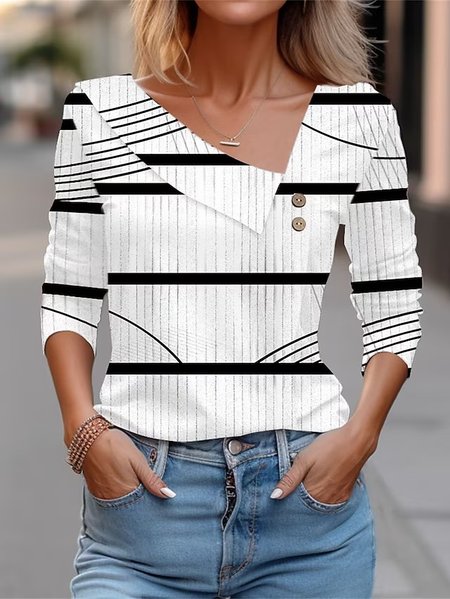 

Loose V Neck Casual Striped T-Shirt, White, T-Shirts