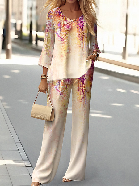 

Crew Neck Floral Casual Loose Two-Piece Set, Apricot, Suit Set