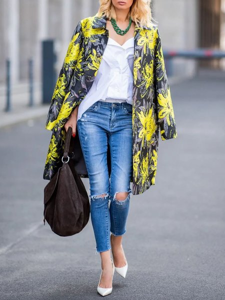 

Urban Shirt Collar Floral Long Sleeve Coat, Yellow, Coats