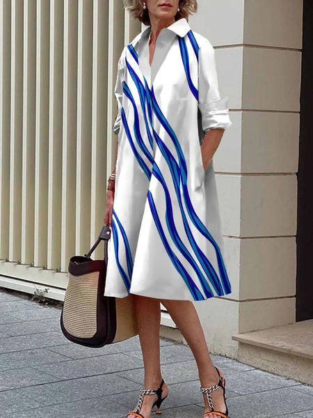 

Shirt Collar Urban Regular Fit Striped Dress, White, Midi Dresses
