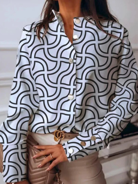 

Stand Collar Loose Long Sleeve Geometric Urban Blouse, As picture, Blouses and Shirts
