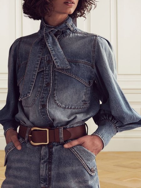 

Stand Collar Urban Long Sleeve Denim Blouse, Blue, Blouses and Shirts