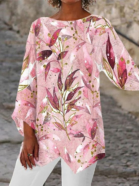 

Casual Loose Leaf Crew Neck Shirt, Pink, Shirts & Blouses