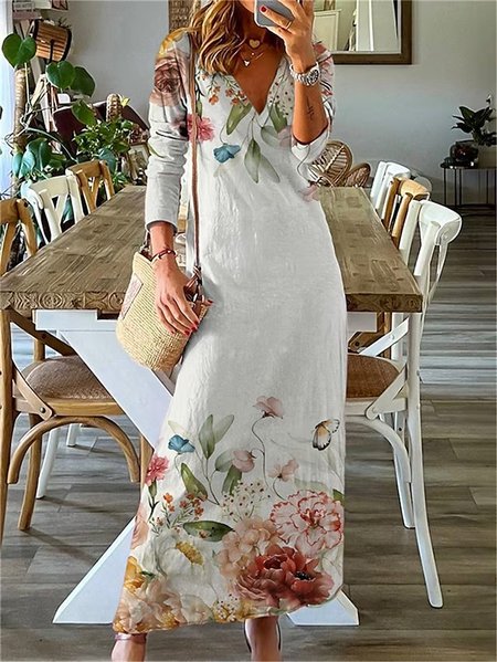 

Loose Floral Casual V Neck Dress, White, Dresses