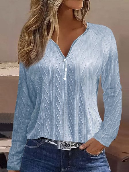 

Casual Knitted Textured V-Neck Loose T-Shirt, Blue, T-Shirts