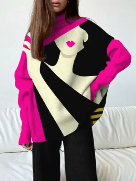 

Abstract Print Urban Turtleneck Long Sleeve Shirt, As picture, Blouses and Shirts