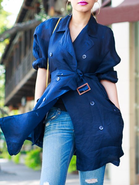 Shawl Collar Plain Urban Loose Blouse, Blue, Blouses and Shirts