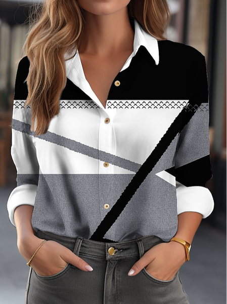 

Shirt Collar Geometric Buckle Casual Blouse, Black, Shirts & Blouses