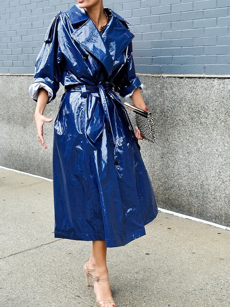 

Pu Loose Urban Lapel Collar Long Sleeve Mid-long Trench Coat, Blue, Coats