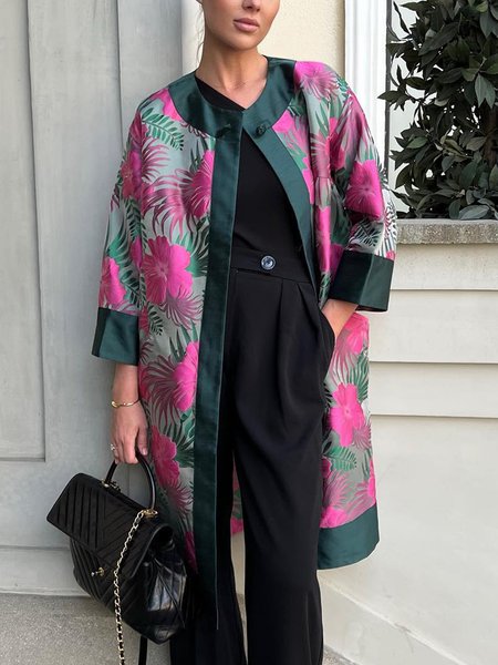 

Crew Neck Loose Floral Elegant Kimono, As picture, Kimonos