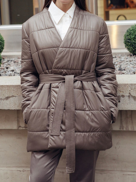 

Plain V Neck Long Sleeve Urban Loose Padded Jacket, As picture, Coats