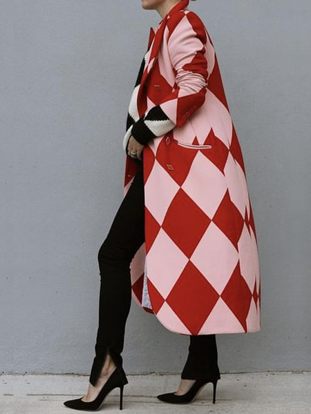 

Loose Lapel Collar Long Sleeve Urban Mid-long Coat, Red, Coats