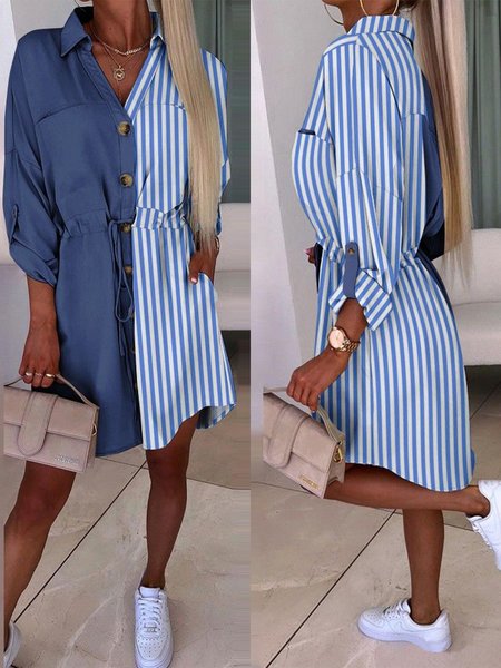 Striped Casual Loose Shawl Collar Dress, Blue, Dresses