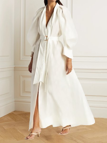 

Loose V Neck Elegant Dress With Belt, White, Maxi Dresses
