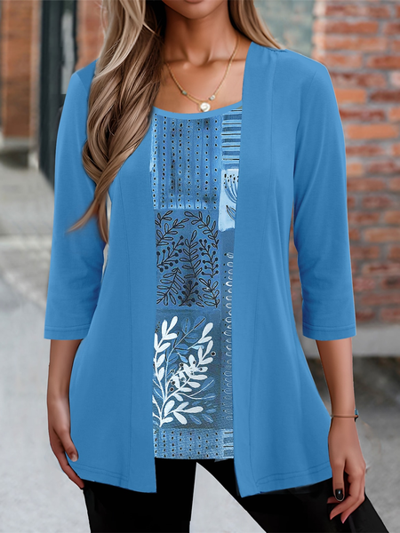 Square Neck Casual Floral Shirt, Blue, Shirts & Blouses