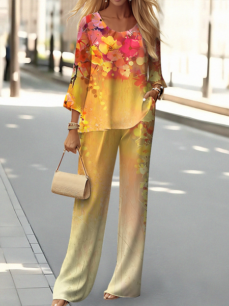 

Loose Casual Crew Neck Floral Two-Piece Set, Orange, Suit Set