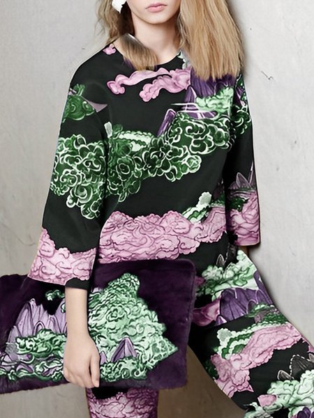 

Loose Urban Random Print Crew Neck Shirt, As picture, Blouses and Shirts