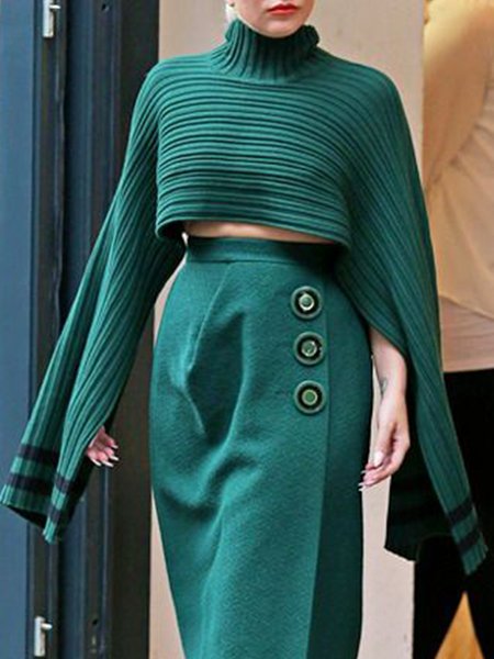 

Turtleneck Urban Plain Loose Sweater, Green, Pullovers