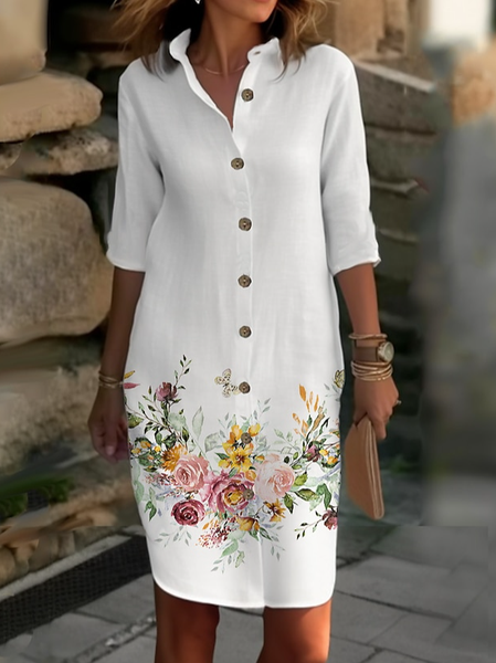 

Casual Buckle Floral Loose Dress, White, Dresses