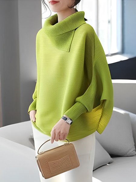 

Micro Pleat Urban Turtleneck Loose Plain Shirt, Green, Blouses and Shirts