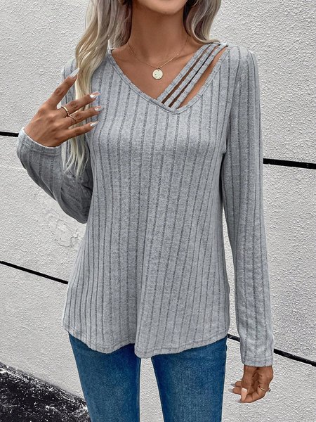 

Women Plain V Neck Casual Long Sleeve T-shirt, Gray, Long Sleeves