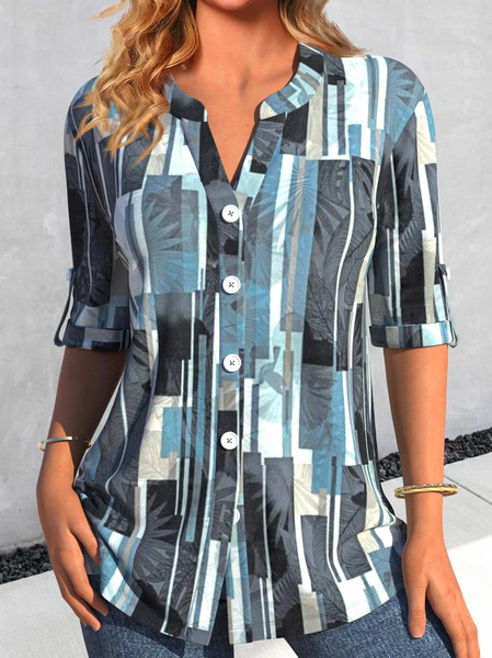 

Crew Neck Geometric Casual Loose Shirt, Blue, Shirts & Blouses