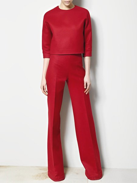 

Plain Urban Two-Piece Top With Pants Set, Red, SET