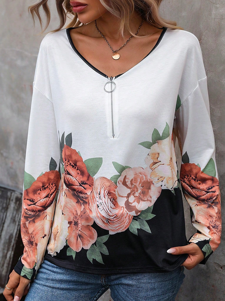 

Casual Loose Floral Print Half Zip Drop Shoulder T-Shirt, Pink, T-Shirts