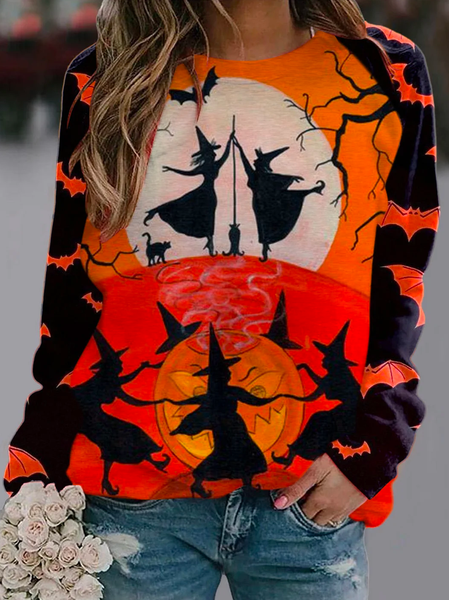 

Women's Halloween Graphic Printed Scoop Neck Long Sleeve Loose Casual Sweatshirt, Orange, Sweatshirts & Hoodies