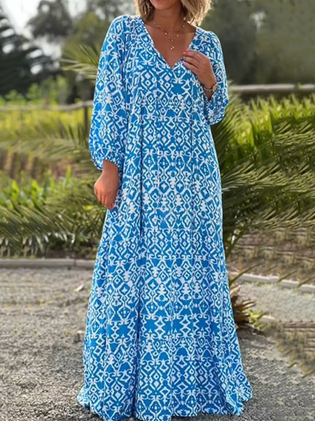 

Floral Casual V Neck Regular Fit Dress, Blue, Dresses