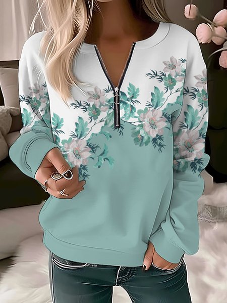 

Casual Color Contrast Floral Zipper Knit Loose Sweatshirt, Green, Sweatshirts & Hoodies