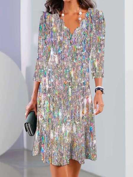 

Loose Geometric V Neck Casual Dress With No, Silver, Dresses