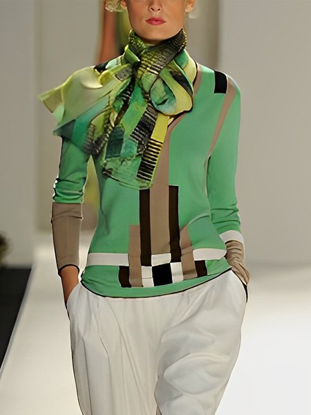 

Plus Size Urban Regular Fit Abstract Graphic T-Shirt With Scarf, Green, Plus Tops