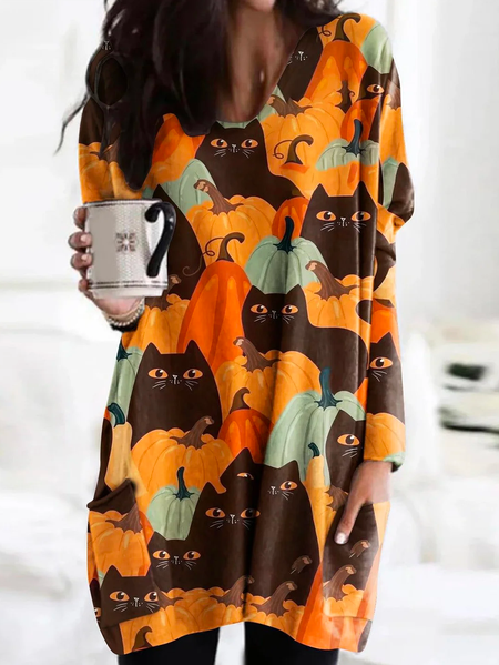 

Crew Neck Casual Halloween Loose Dress, Orange, Dresses
