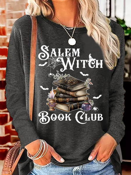 

Women's Vintage Witch Halloween Salem Witch Book Club Casual Cotton-Blend Shirt, Deep gray, Long sleeves