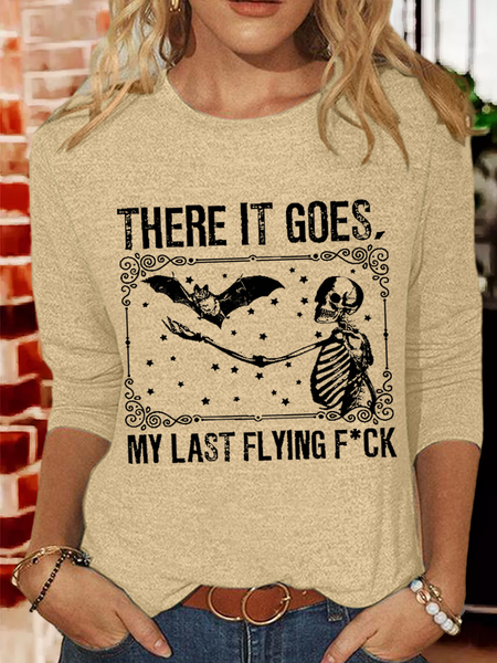 

Women's Funny Skeleton There It Goes, My Last F*ck Halloween Skeleton Cotton-Blend Casual Shirt, Khaki, Long sleeves