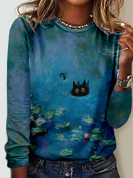 

Women's Black Cat Art Print Casual Tree Shirt, As picture, Long sleeves