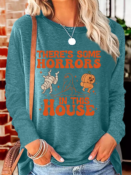 

Women's There's Some Horrors In This House Halloween Retro Casual Regular Fit Long Sleeve Shirt, Green, Long sleeves