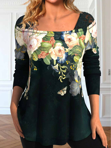 

Loose Lace Casual Others Floral T-Shirt, Black, T-Shirts