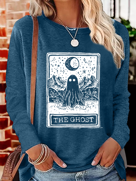 

Women's The Ghost Halloween Casual Crew Neck Cotton-Blend Long Sleeve Shirt, Dark blue, Long sleeves