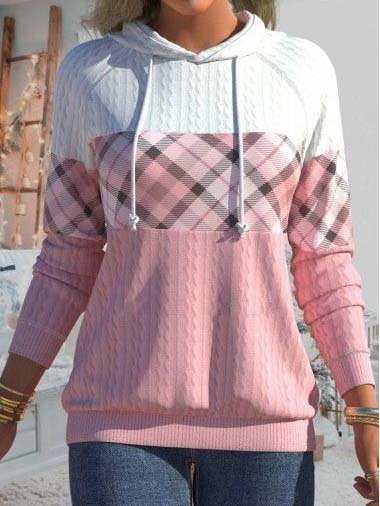 

Casual Plaid Printed Stitching Loose Knit Hooded Sweatshirt, Pink, Sweatshirts & Hoodies