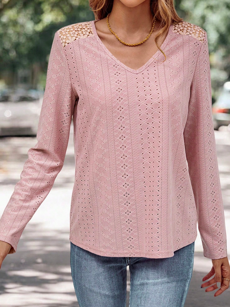 

Loose Casual Geometric V Neck T-Shirt, Pink, T-Shirts