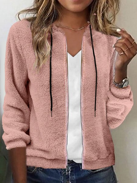 

Zipper Plain Hoodie Casual Teddy Jacket, Pink, Coats