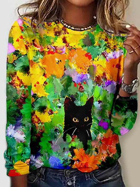 

Women's Black Cat Art Print Casual Shirt, As picture, Long sleeves