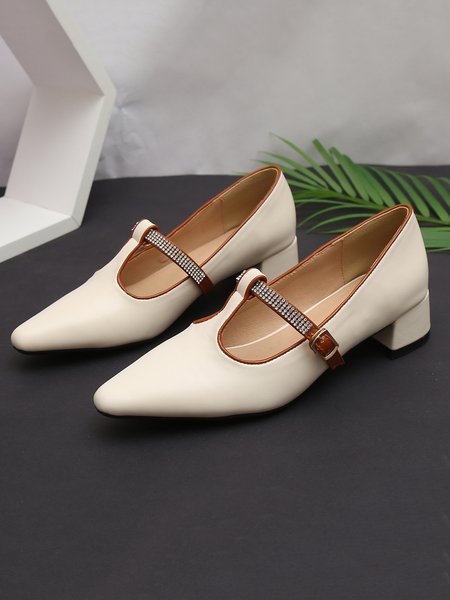 

Elegant Rhinestone Block Heel T-Strap Shoes, Off white, Loafers
